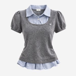 Y2K Preppy Grey Knit & Blue Gingham Mock-Layer Top with Puff Sleeves
