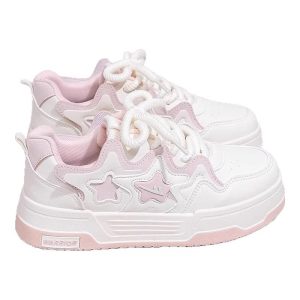 White & Pink Chunky Platform Sneakers with Star Patches