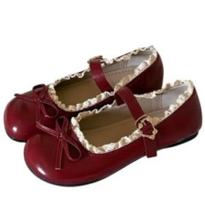 Lolita Style Burgundy Red Mary Janes with Lace Trim & Bow
