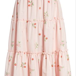 Cottagecore Strawberry Print Tiered Midi Skirt - Pastel Pink