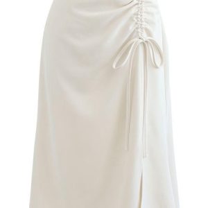 Elegant Cream Ruched Side-Tie Midi Skirt with Slit Detail