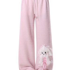 Pink Fuzzy Wide-Leg Sweats with 3D Puppy Patch & Fur Cuffs