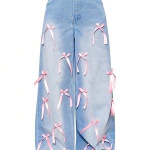Y2K Coquette Light Wash Barrel Jeans with Pink Ribbon Bows