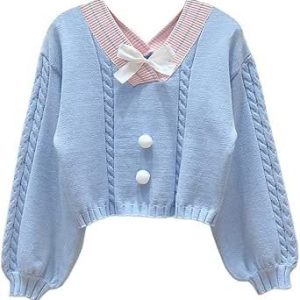 Light Blue Striped Collar Knit Sweater with White Bow