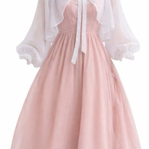 Pink & White Sheer Chiffon Midi Dress - Puff Sleeves & Bow