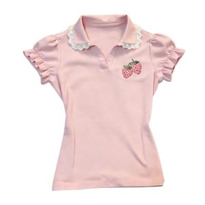 Adorable Light Pink Strawberry Ruffle Polo - Sweet Coquette Style