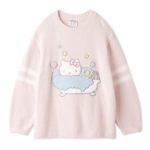 Pink Hello Kitty Fuzzy Bath Time Sweater - White Sleeve Stripes