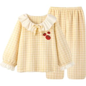 Cottagecore Yellow Gingham Fleece Pajama Set - Ruffle Collar & Apple Embroidery