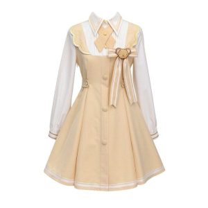 Kawaii Cream & Beige Twofer Dress - 3D Bear Bow & Striped Tie