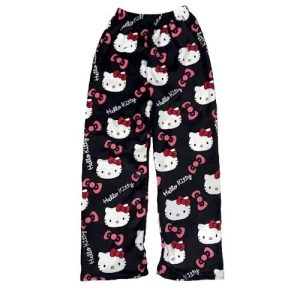 Kawaii Black Hello Kitty Pajama Pants - Hot Pink Bow All-Over Print